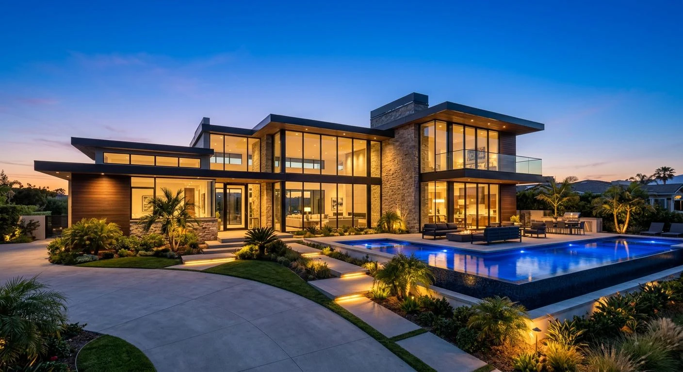 Contemporary home at dusk, with illuminated living spaces opening onto a landscaped terrace and pool